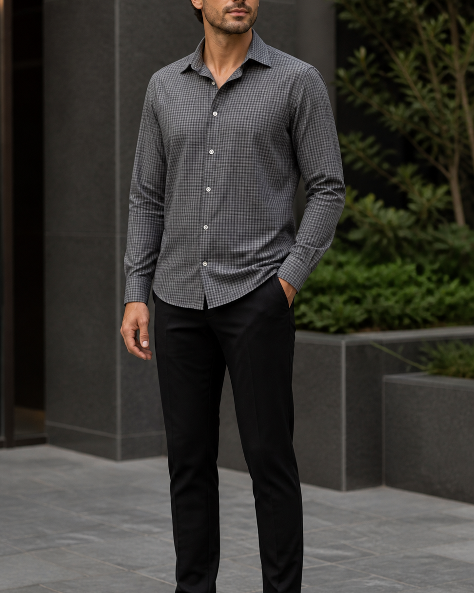 Gunmetal/Caviar Checkered Pull Over Dress Shirt