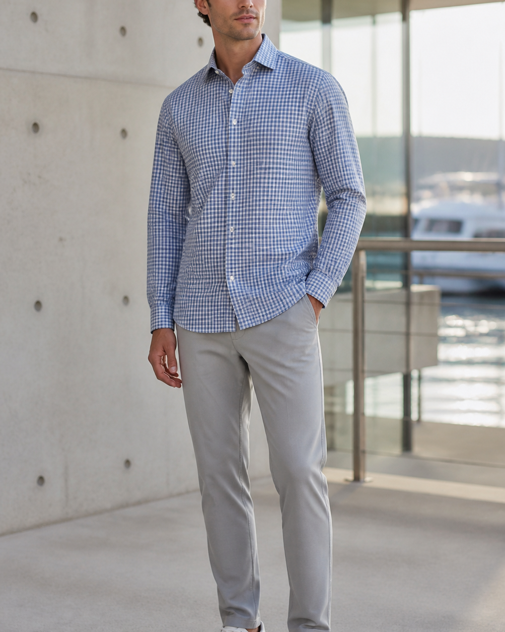 Marine Blue/Light Grey Checkered Pull Over Dress Shirt