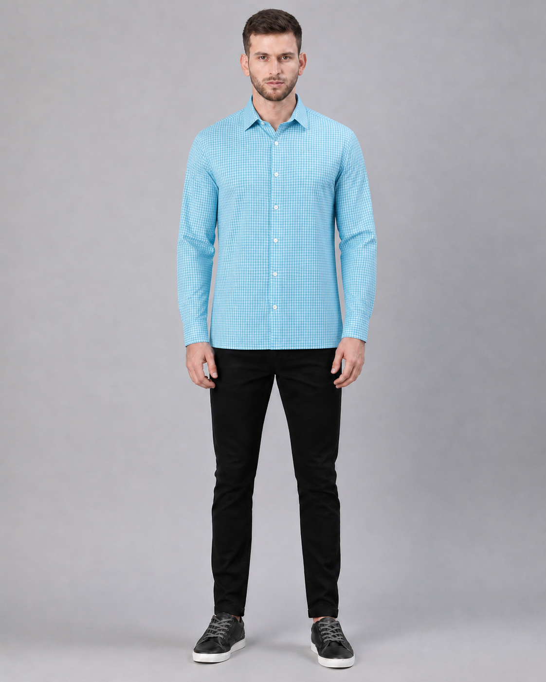 Aqua/Light Aqua Checkered Pull Over Dress Shirt