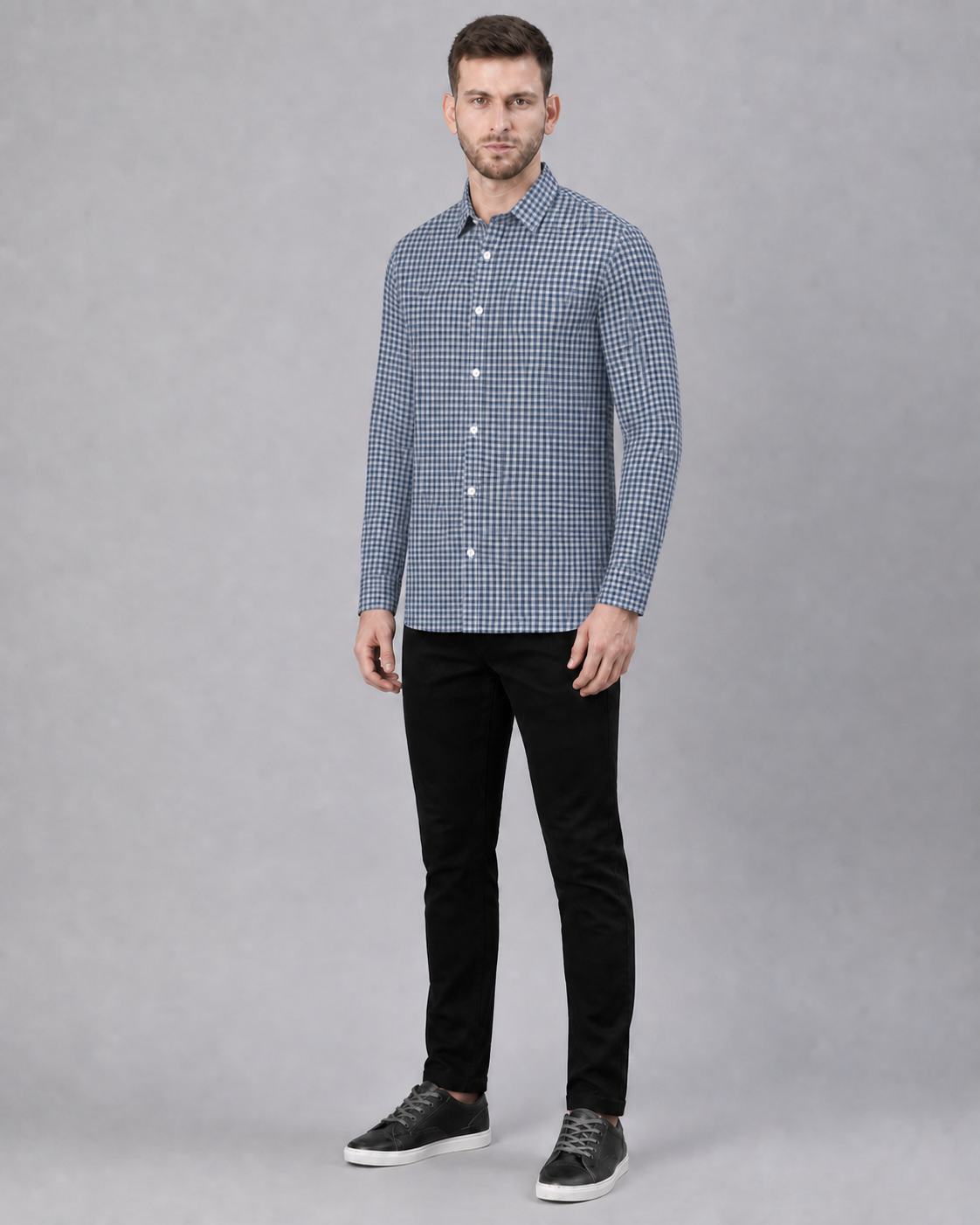 Marine Blue/Light Grey Checkered Pull Over Dress Shirt