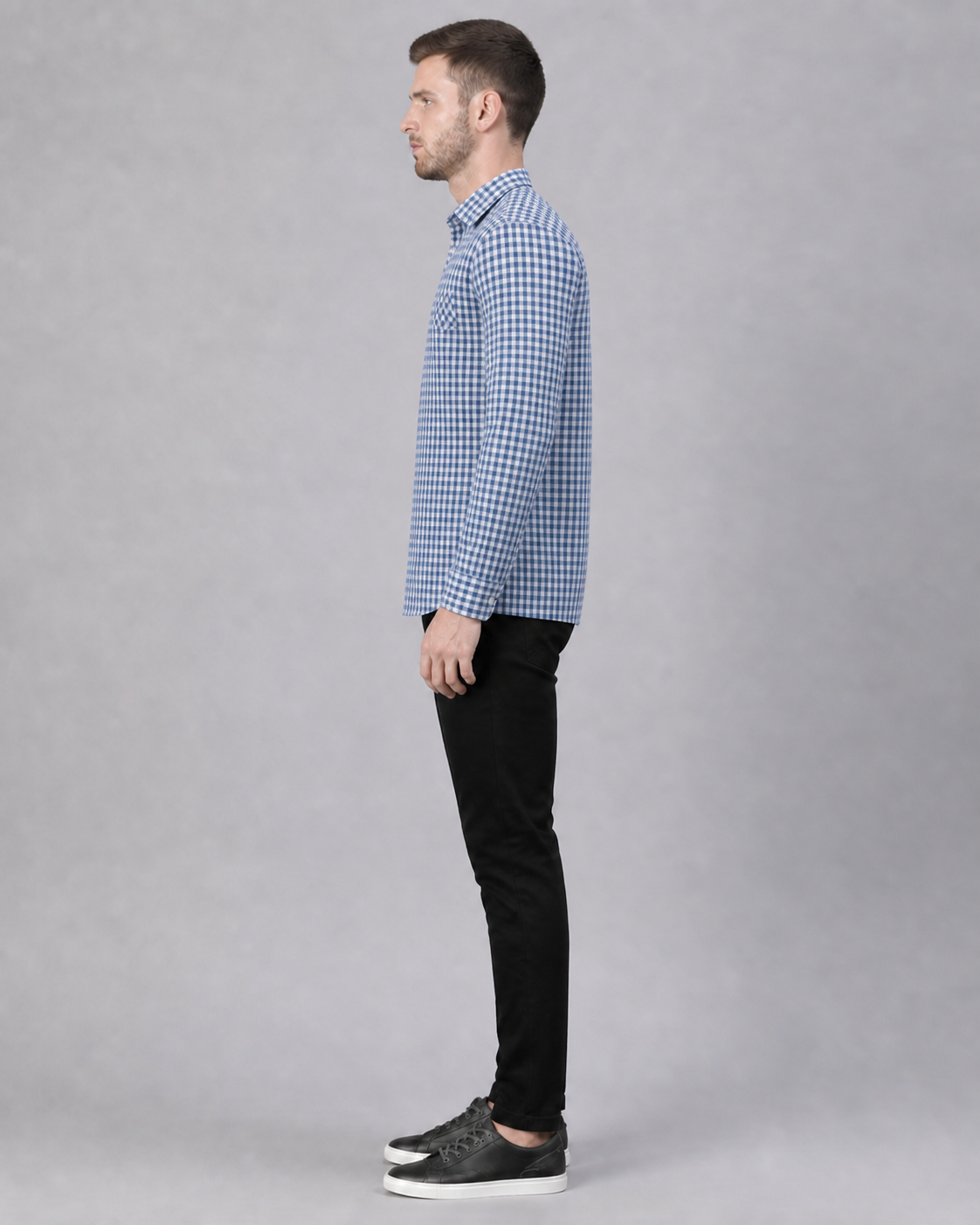 Marine Blue/Light Grey Checkered Pull Over Dress Shirt