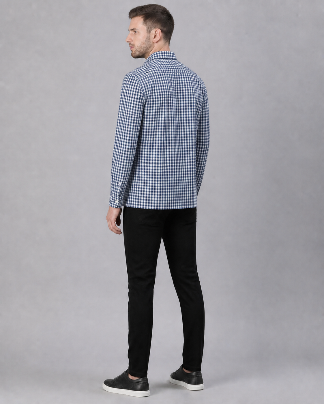 Marine Blue/Light Grey Checkered Pull Over Dress Shirt
